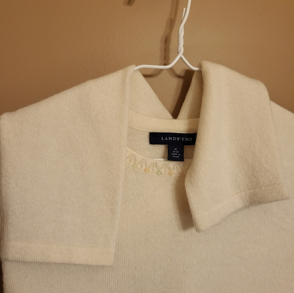 Lands' End. Beaded cashmere crewneck sweater, sequin collar detail. Off white. M - Picture 6 of 6